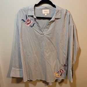 Stripe Floral Embroidery Blouse - Size Large